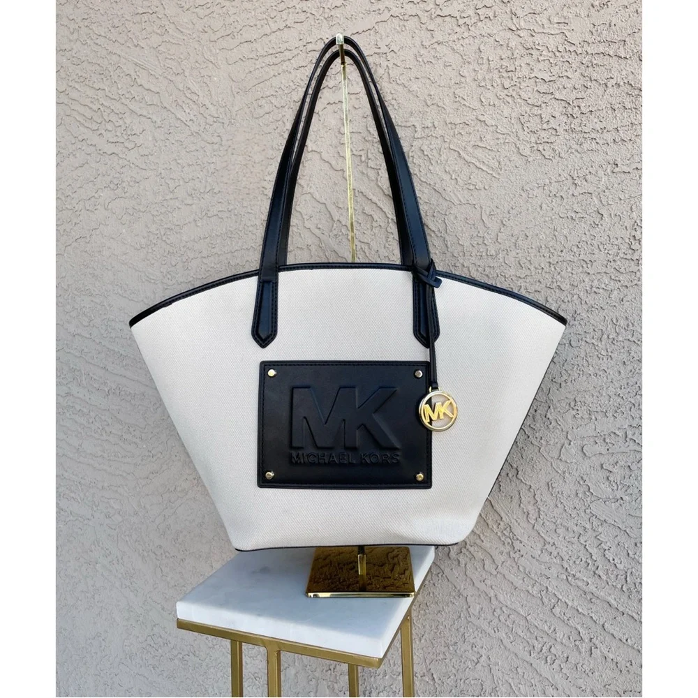 MICHAEL KORS Neutral Cream & Black Large Canvas Leather Kimber Logo Tote Bag
